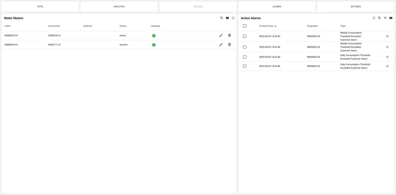 Water meter consumption data, leakage indicators, and active customer alarms