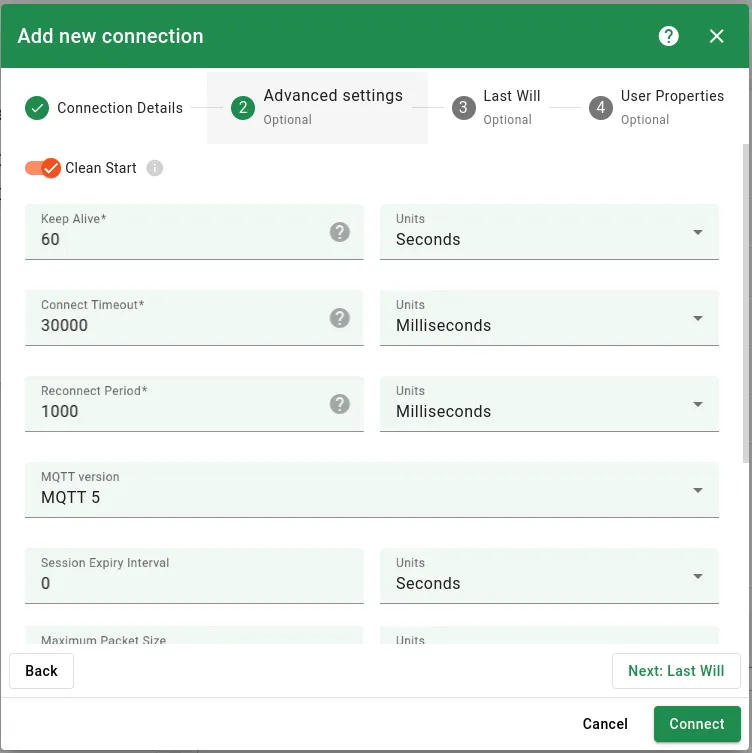 Advanced connection settings