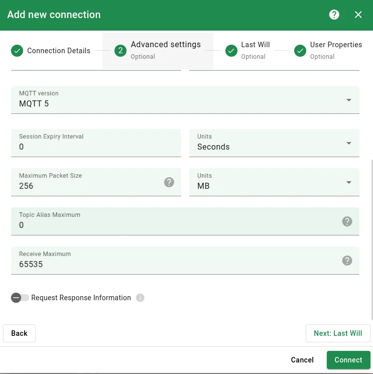 Advanced settings available for MQTT 5