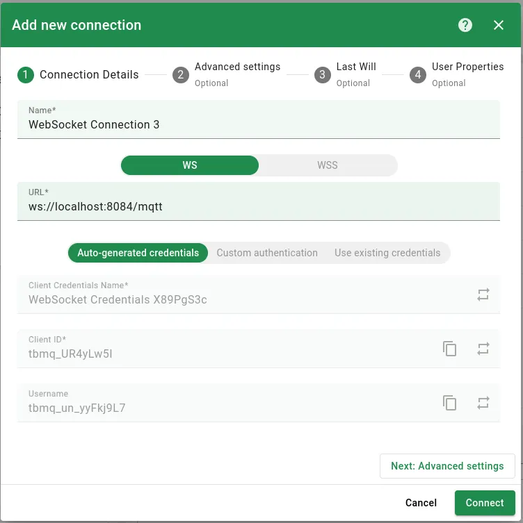 Connection details — auto-generated credentials