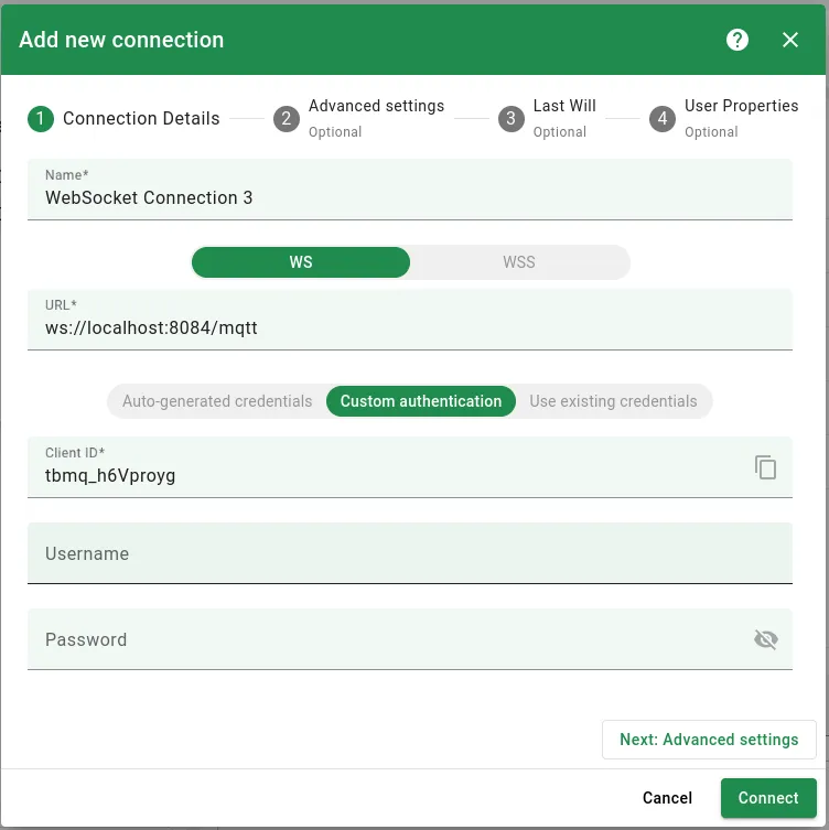 Connection details — custom Client ID, Username, Password