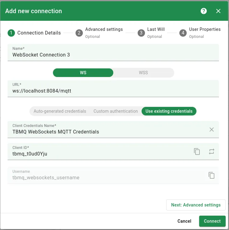 Connection details — use existing credentials