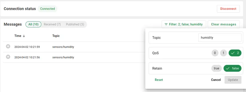 Messages table filter options