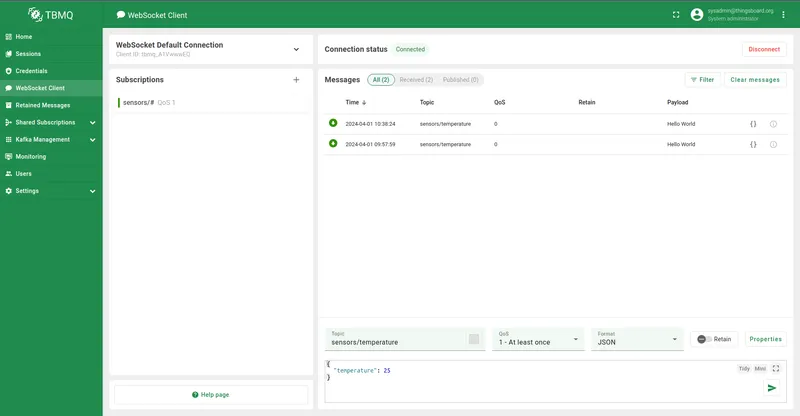 WebSocket client in TBMQ showing the received message