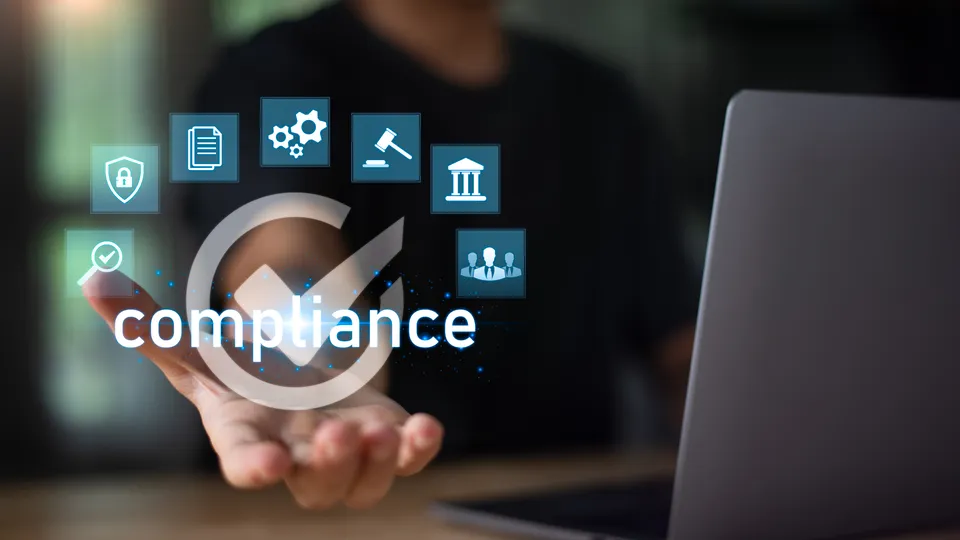 Hand presenting a compliance checkmark surrounded by legal and security icons