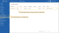 Log in to the ThingsBoard Edge instance, go to the Advanced features > OTA updates section and confirm that the firmware package has been successfully provisioned on the Edge instance.