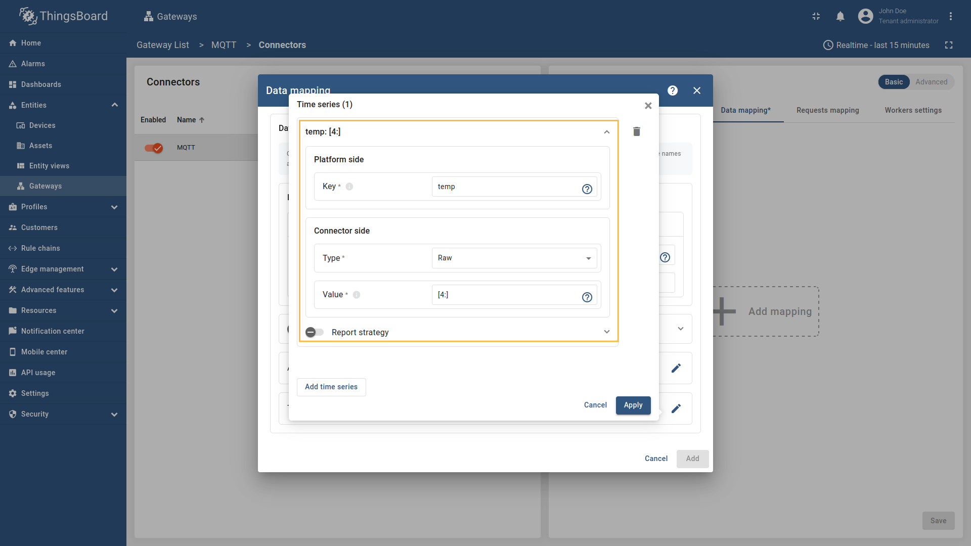 Click on the "Add time series" button. Fill in the "Key" field with `temp`, also select `Raw` in "Type" field, and fill in the "Value" field with `[4:]`. Those are [slices](/docs/iot-gateway/config/mqtt/#slices).