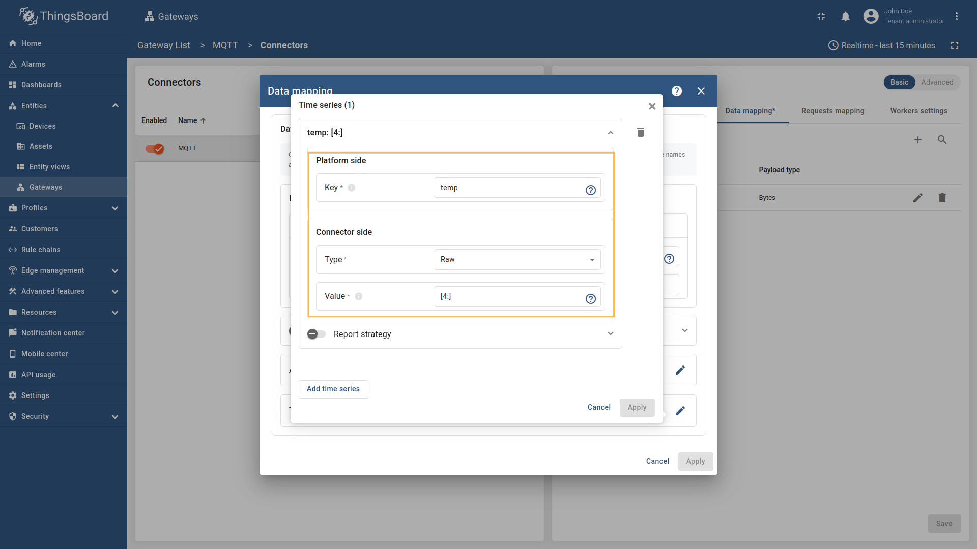 In the opened window, click on the "Add time series" button and fill the fields as on the corresponding image. Do not forget to save changes.