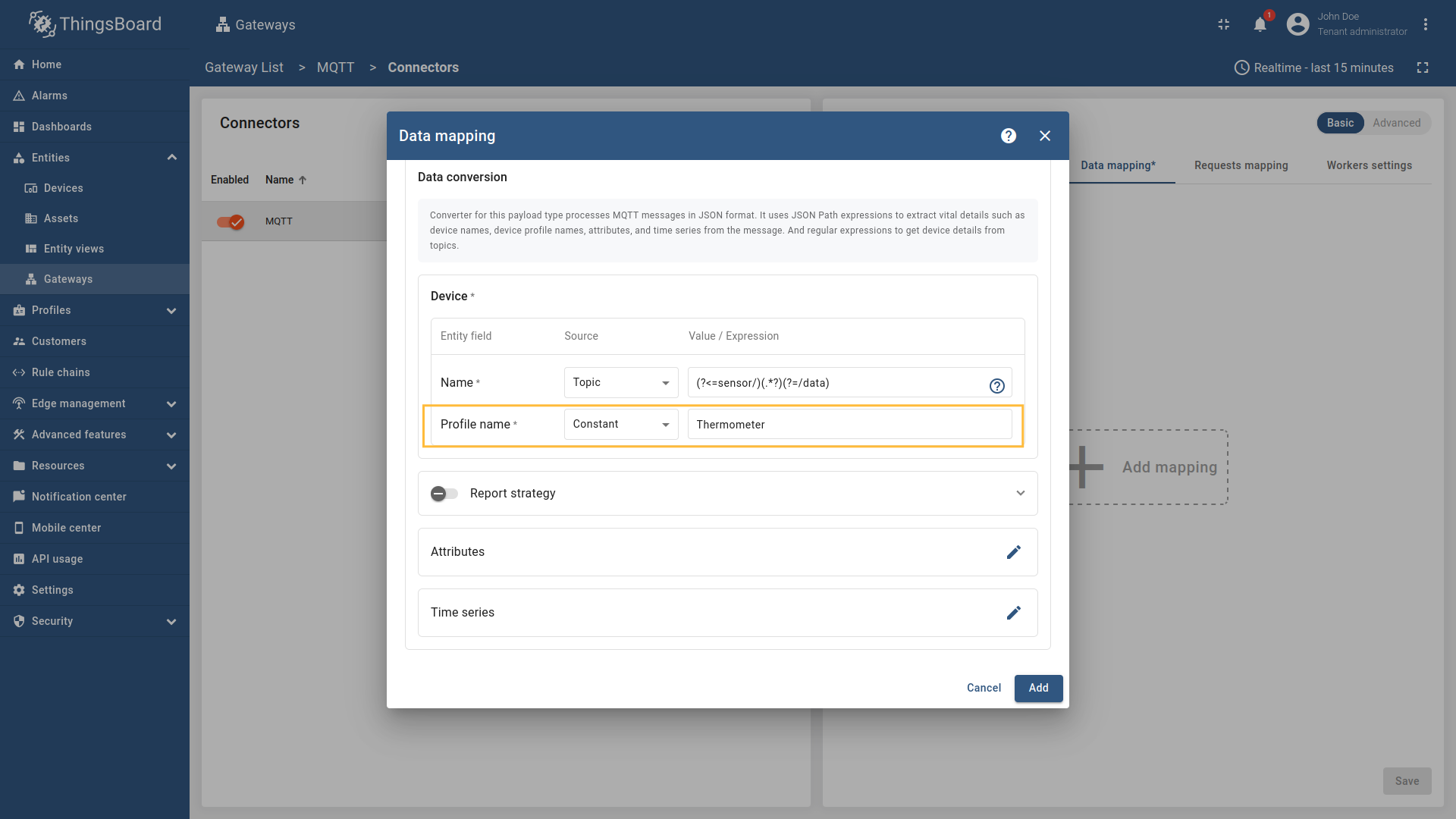 Then under "Profile name" subsection choose "Constant" for the "Name" field, enter `Thermometer`, this is Constant value that will be used to form device profile name.