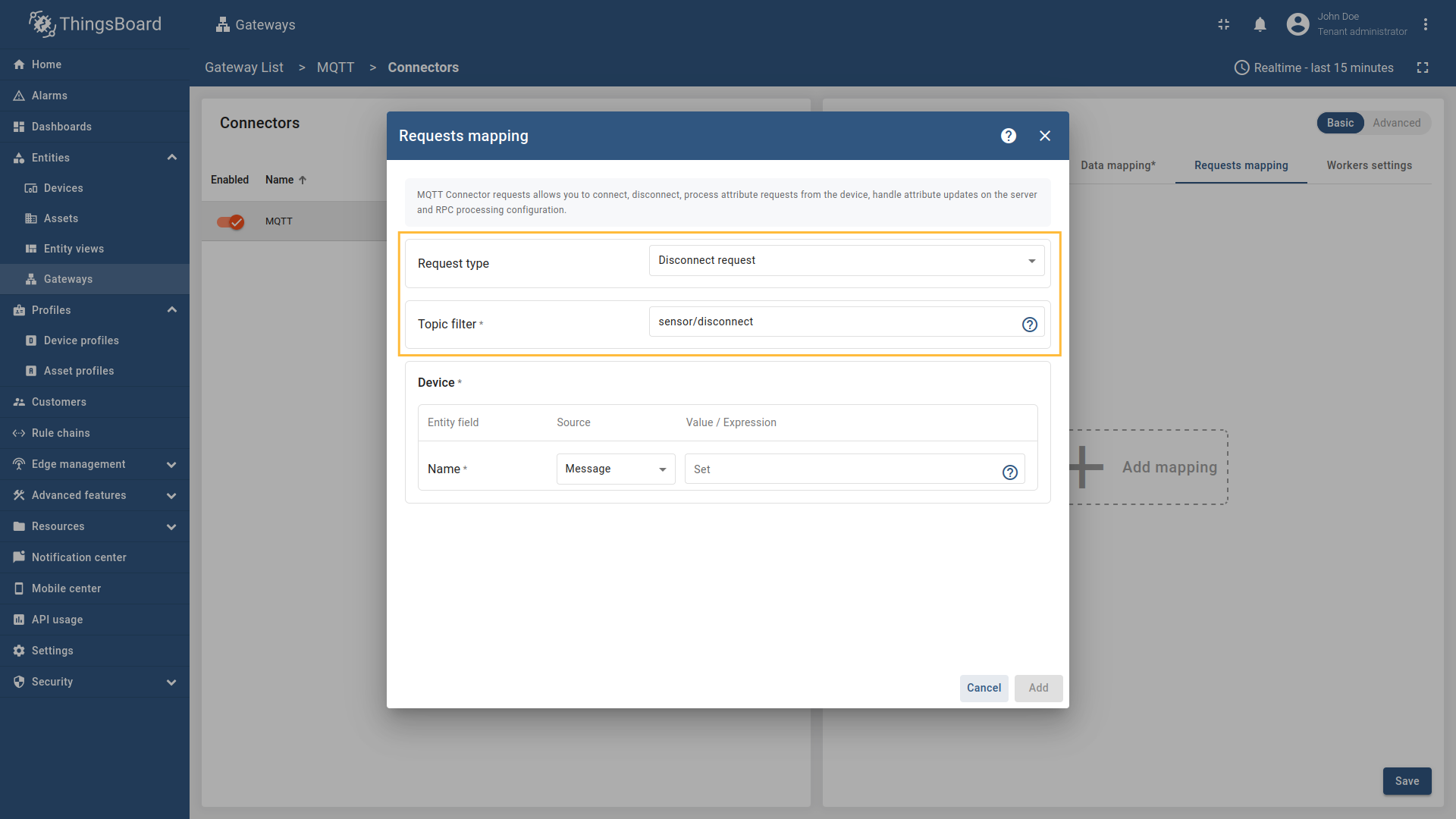 Select "Disconnect request" in the Request type field, enter the "Topic filter" as `sensor/disconnect`.