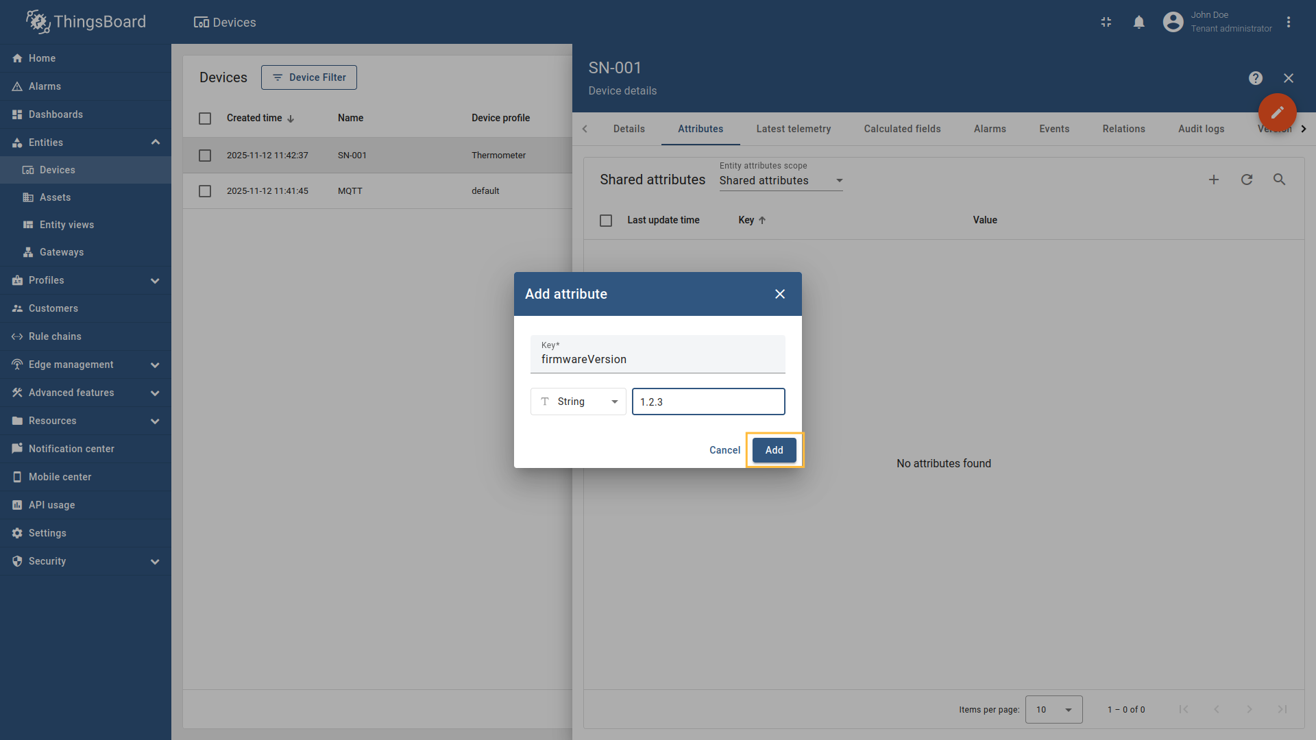 Add the `firmwareVersion` attribute with type "String" and set its value to "1.2.3".