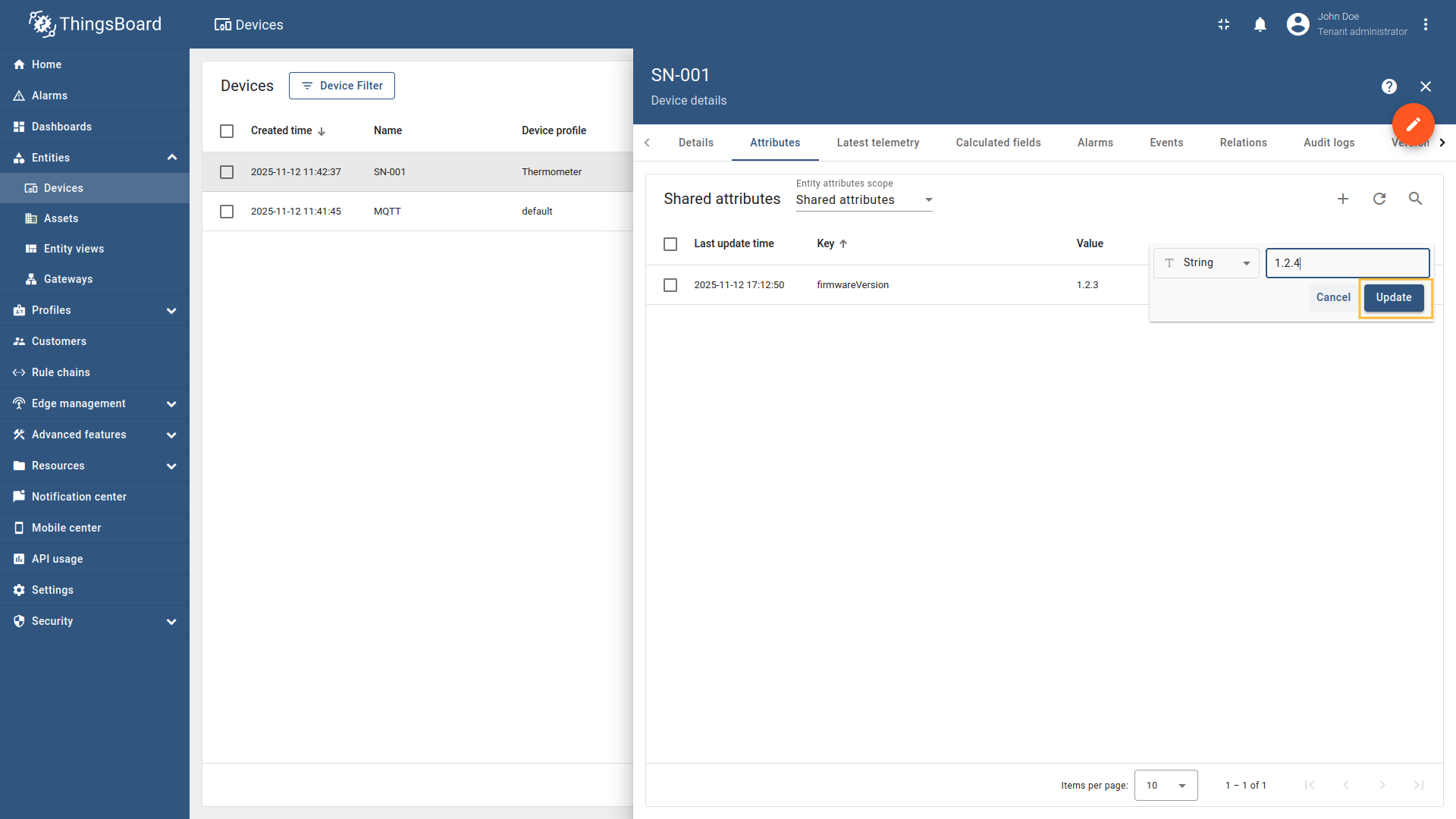 Find the `firmwareVersion` attribute and click the pencil icon to edit it.