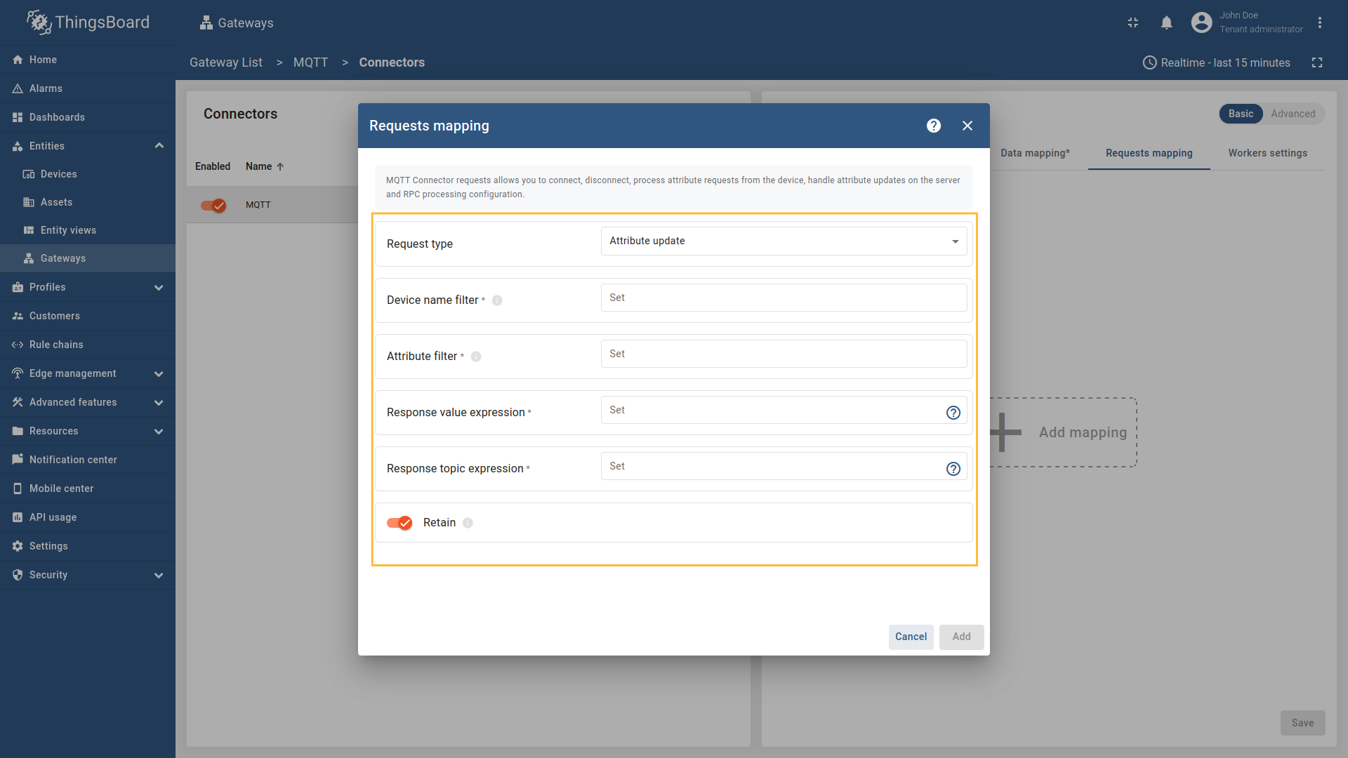 Configure the Attribute filter, Response value expression, and Response topic expression fields.
You can also set the Retain option to determine whether the attribute response message should be retained by the MQTT broker.