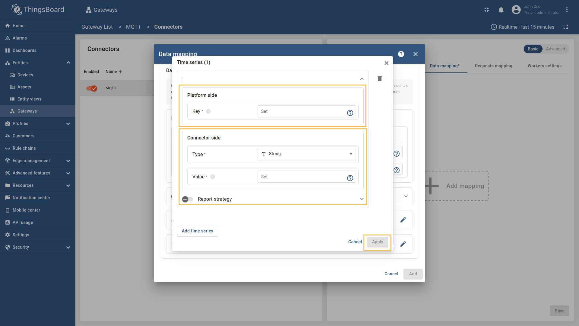 Enter the "Key" field, select the "Type" (It could be one of the following `string`, `boolean`, `integer`, `double` or `Raw` if the Payload type `Bytes`.), enter "Value" and click "Apply" button.