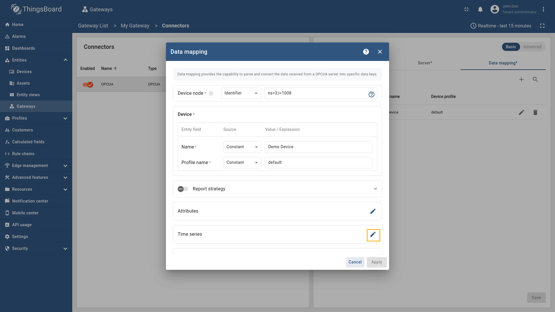 In the opened data mapping windows, click on the "pencil" icon next to the "Time series" or "Attributes" section.