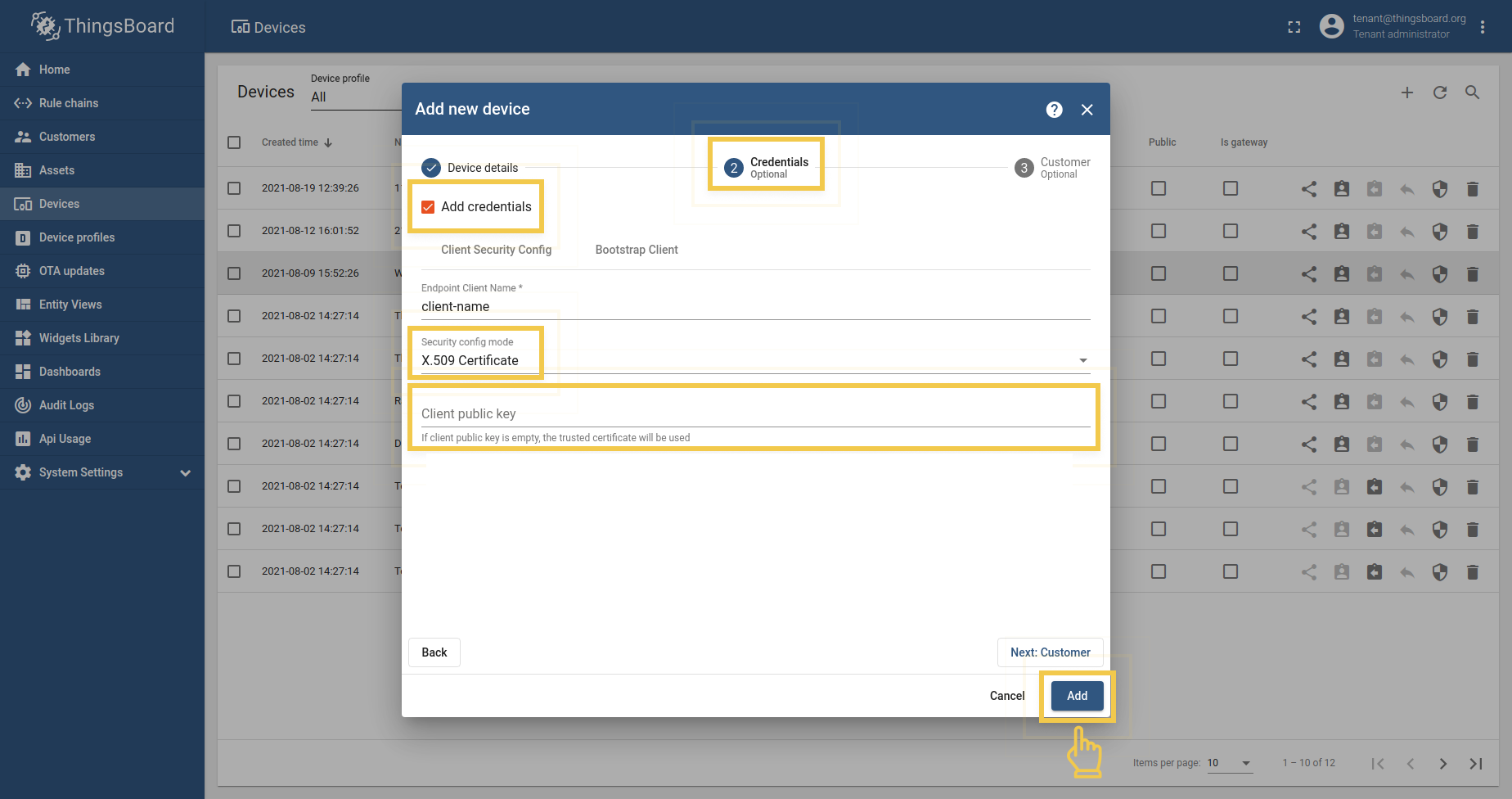 Add device credentials: X.509 certificate