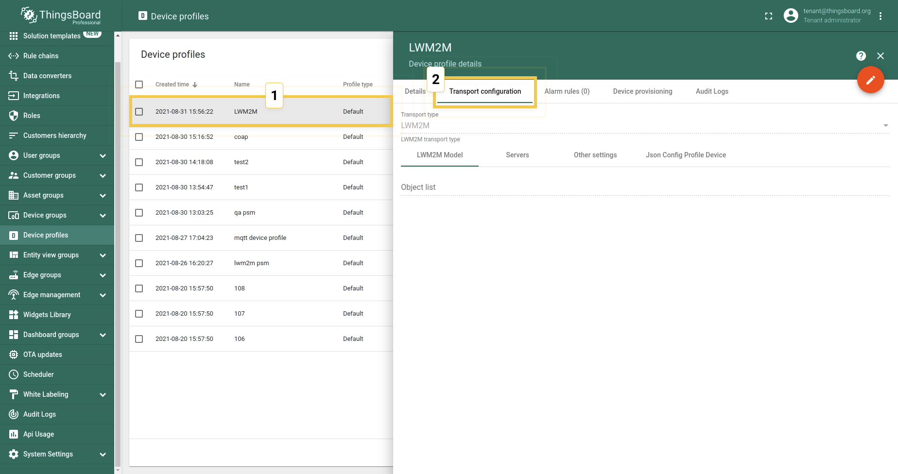 Go to Device Profiles, select "LWM2M", go to "Transport configuration" tab, click "Edit" button