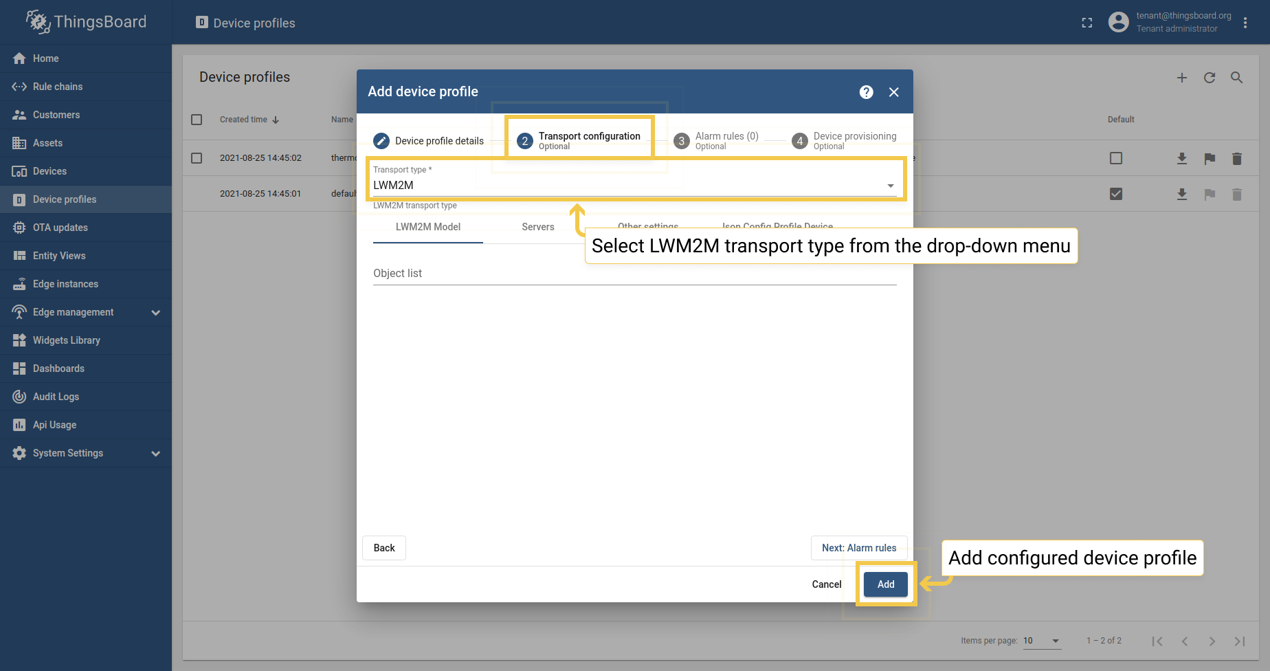 Select the "LwM2M" transport type from the drop-down menu