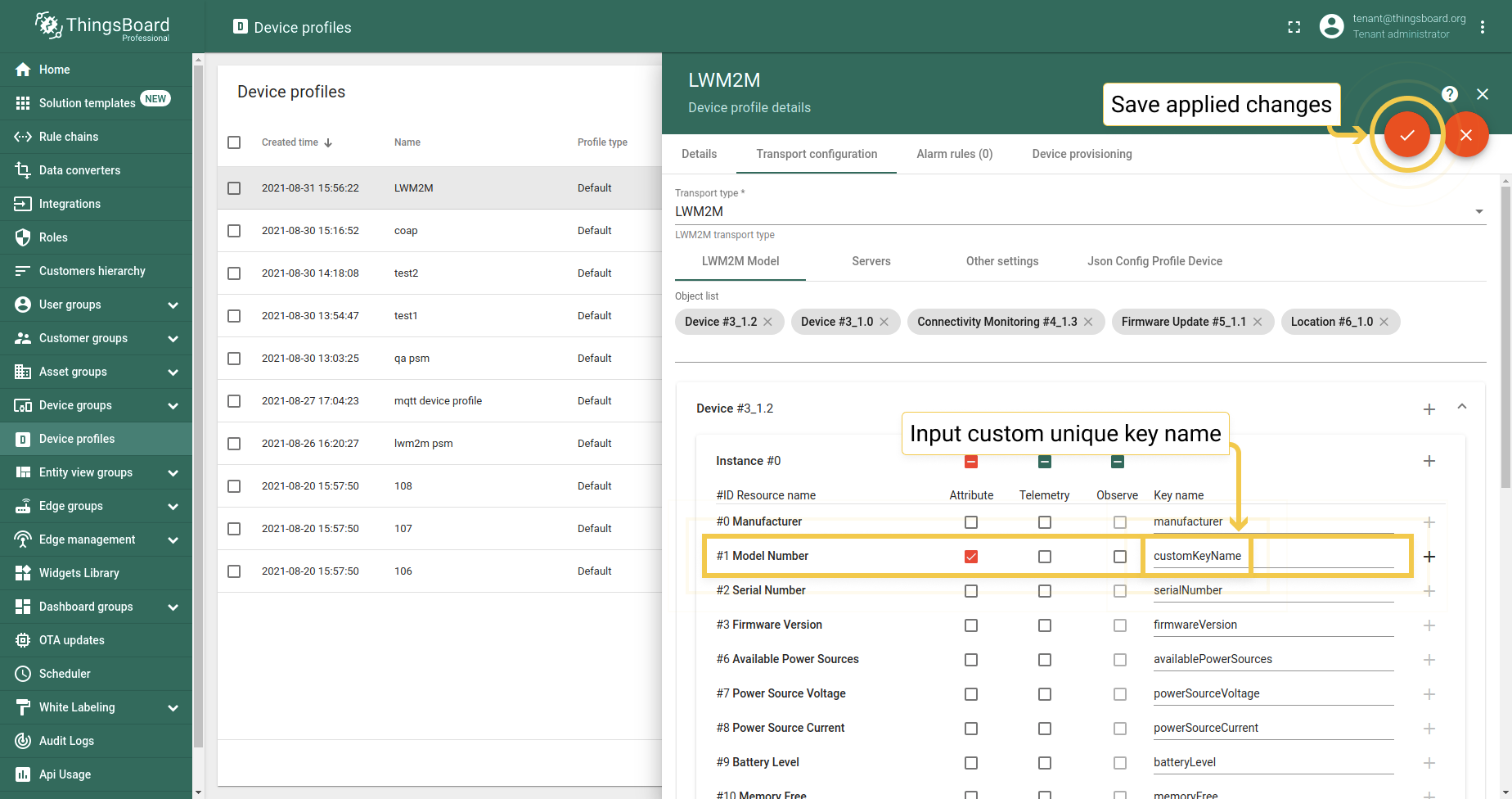 Open LwM2M model settings