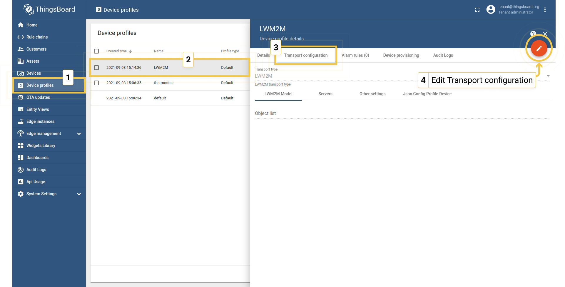 Open the transport configuration settings