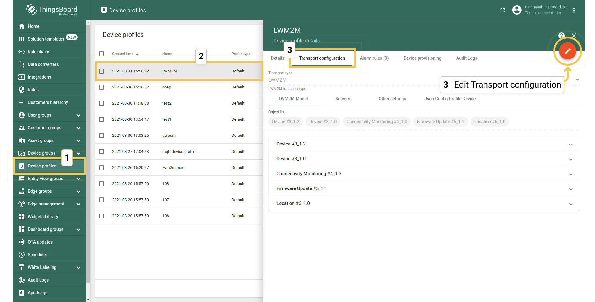 Open the transport configuration settings