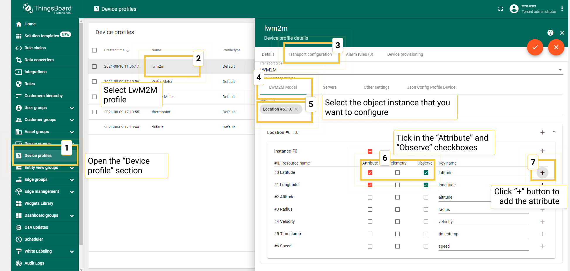 Open the device profile configuration page, LwM2M model section