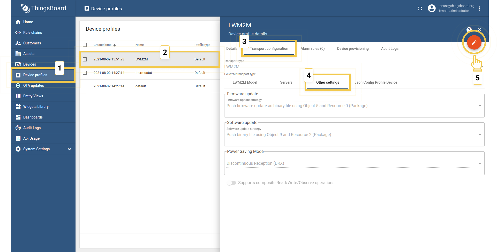 Open the device transport configuration settings