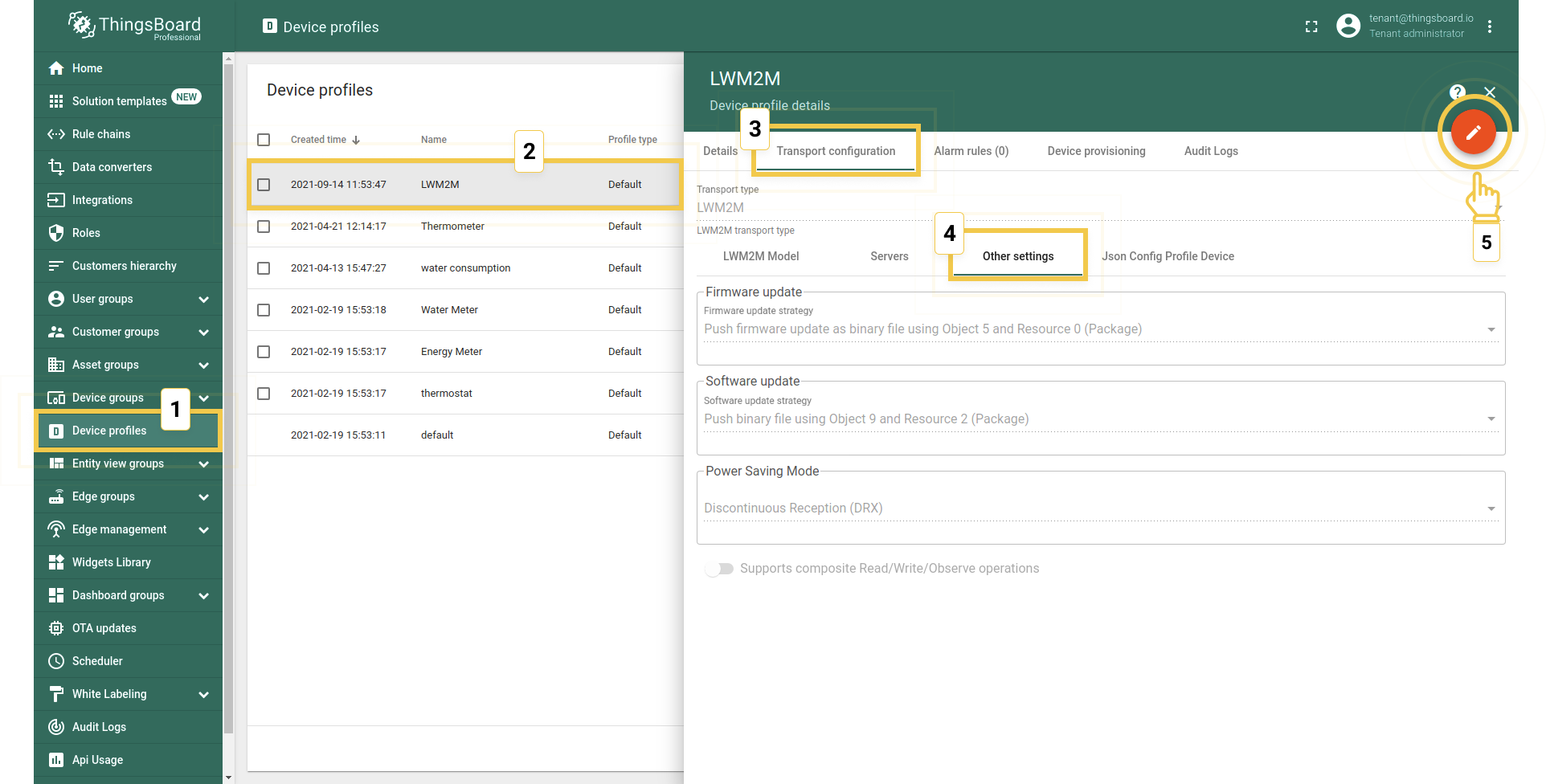 Open the devices transport configuration settings