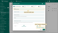 1. Input device profile name. For e.g., type <b>edge thermostat</b>. 2. Click on the <b>Transport configuration</b> to proceed.
