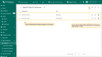 On the Dashboards page, you can see all the dashboards already assigned to the dashboard group. To add another dashboard to the group, click the "+" icon.