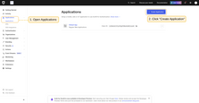 To apply the configurations properly, we first need to obtain OAuth 2.0 credentials. Therefore, we first go to the OAuth0 Management Console. Open the "Applications" page, and click "+ Create Application" button;