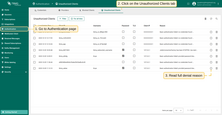 Navigate to the Authentication > Unauthorized Clients page, table shows clients that could not pass authorization.