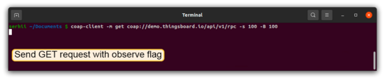 Subscribe to RPC commands from the server. To do this, in the first terminal window send GET request with observe flag