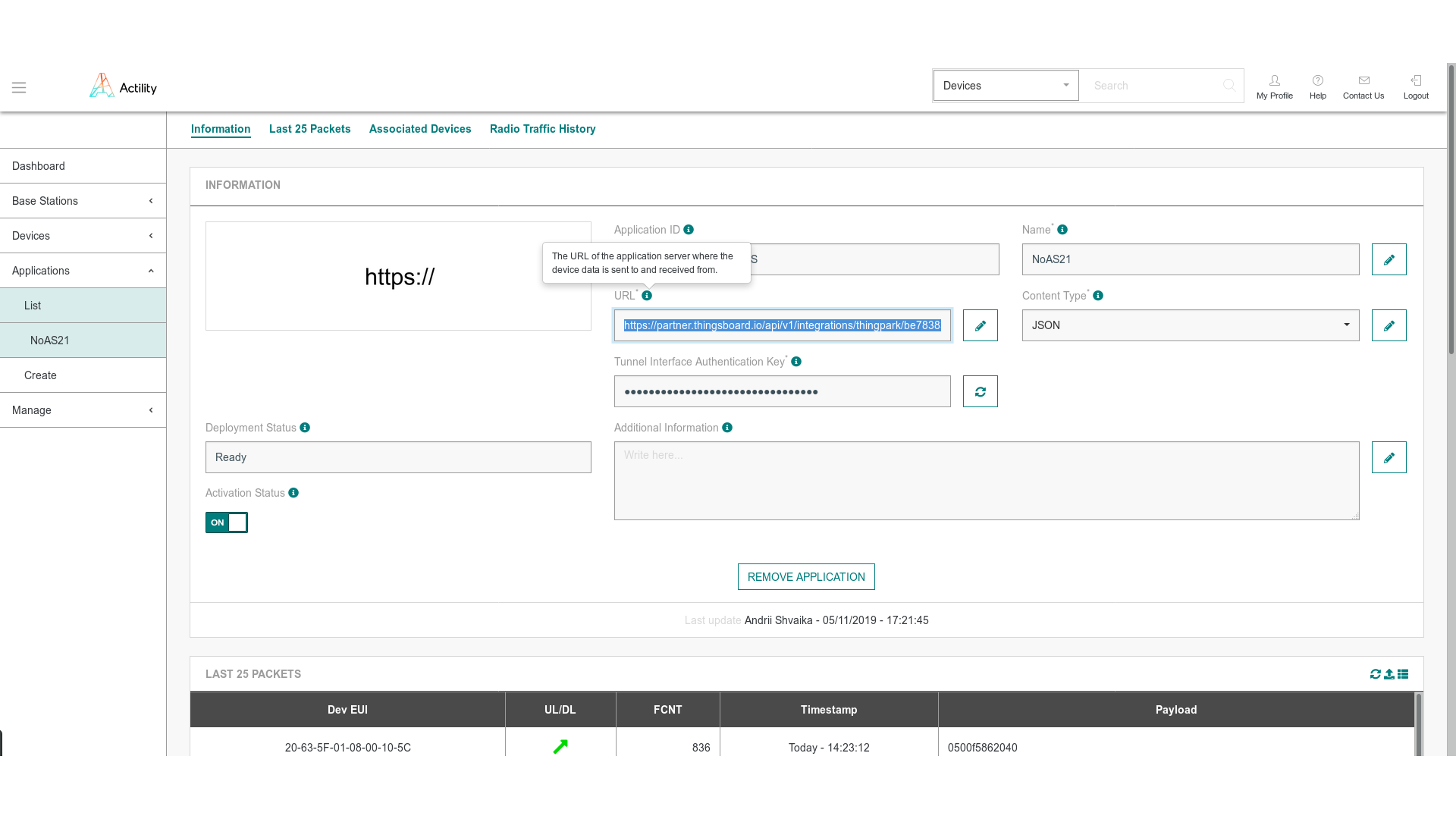 Adding credentials in Actility application