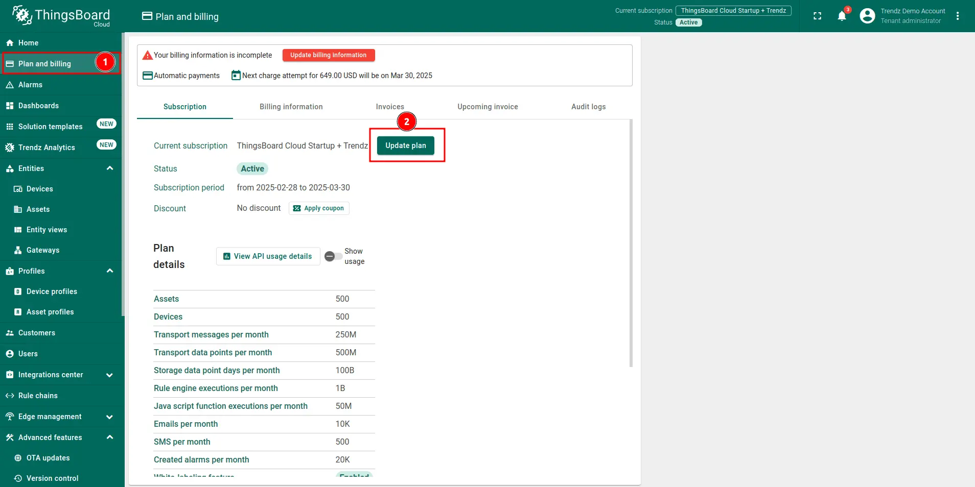 Log in to ThingsBoard Cloud account and select “Plan and Billing” menu option. Press “Update Plan” button