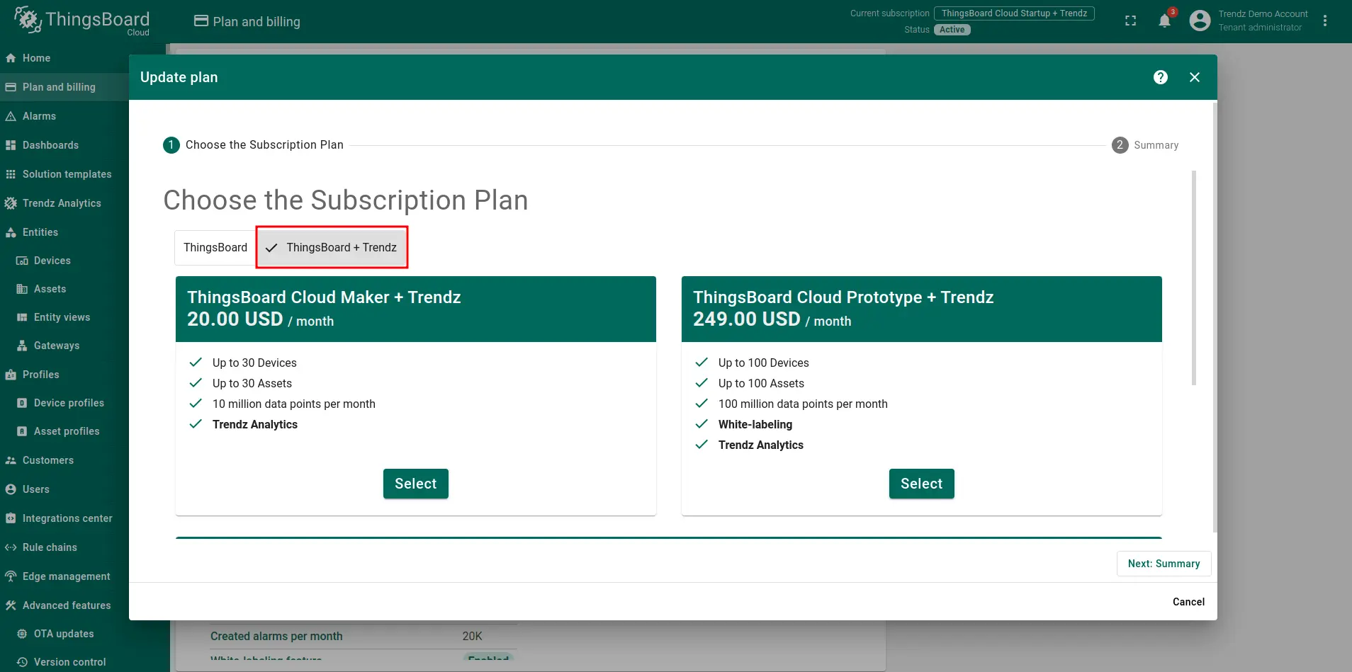 Choose “ThingsBoard + Trendz” and select the most suitable plan for you