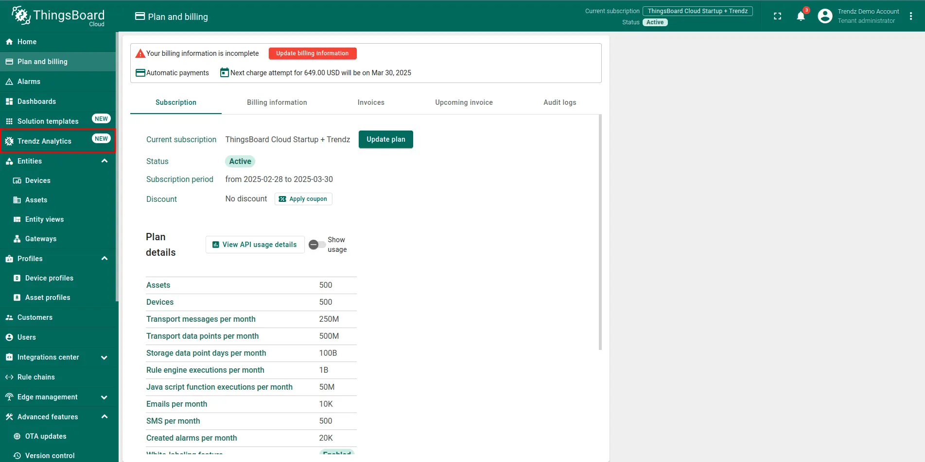 Reload the page to see new “Trendz Analytics” option in your ThingsBoard Menu