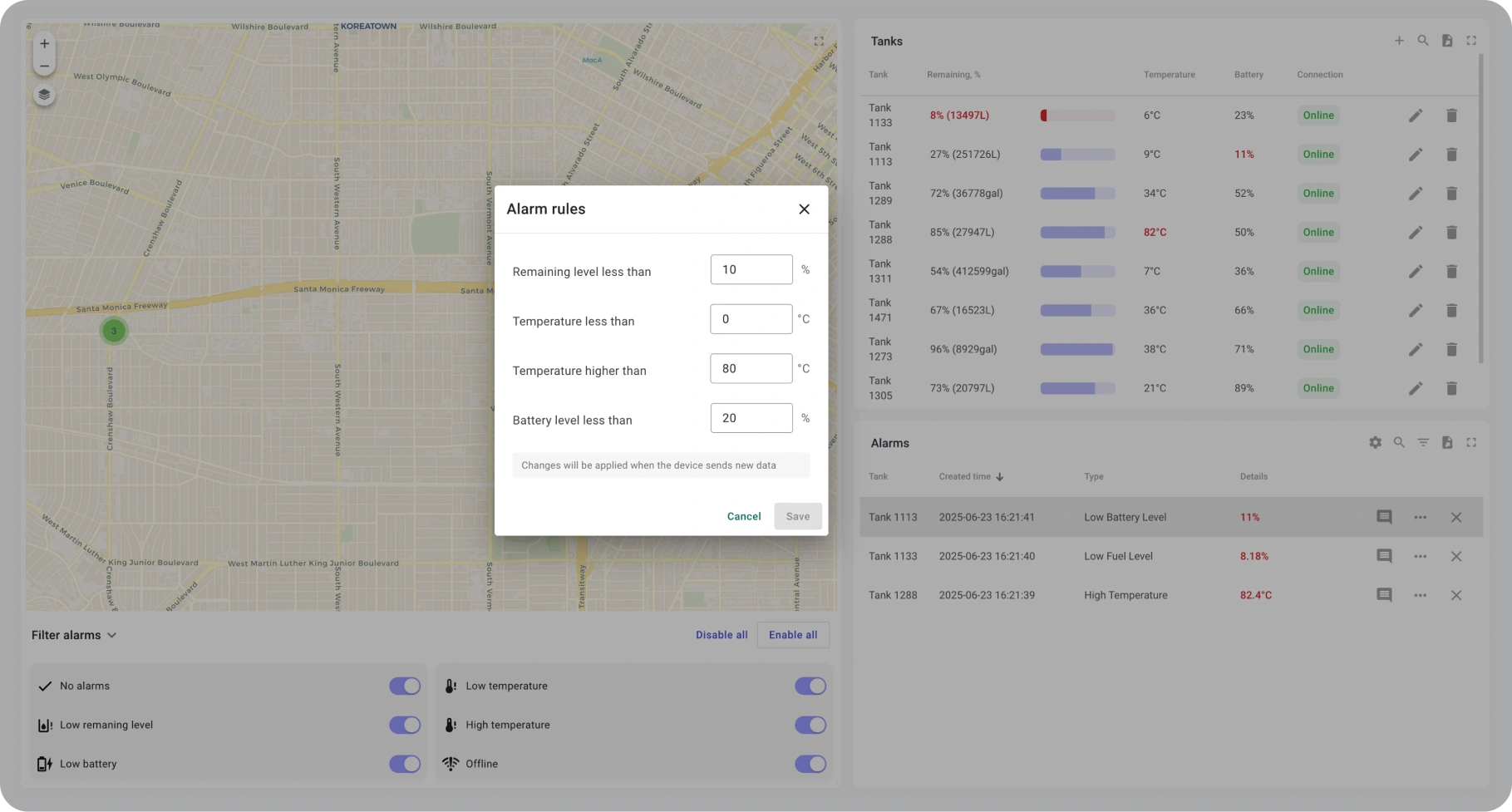 Alarm Threshold Settings for Tanks Dialog for setting alarm thresholds for tank monitoring, including fuel level, temperature, and battery.