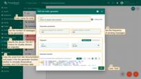 Name it "Indoor air quality data emulator". Set the number of messages to send to 100 and the sending period to 600. Specify the device "SD-001" (Indoor Air Quality Sensor) as originator. Copy the script from the documentation and paste it into the generator function section to simulate telemetry data for temperature, humidity, and CO2. Click "Add".