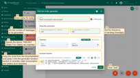 Name it "Water consumption data emulator". Set the number of messages to send to 100 and the sending period to 600. Specify the device "WM-003" (Water Flow Meter) as originator. Copy the script from the documentation and paste it into the generator function section to simulate water consumption, and battery voltage telemetry data. Click "Add."