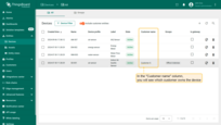 On the device page, in the "Customer name" column, you can see which customer device belongs to;