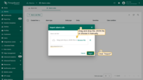- In the import dialog, drag and drop the JSON file or choose it manually.<br>- Click <b>Import</b> to upload the configuration.