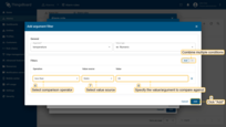 <b>Configure filters</b>.<br>- <b>Operation</b> — the comparison operator.<br>- <b>Value source</b> — select one of the following.<br>- <b>Value</b> — specify the value to compare against<br>- After adding all required filters, click <b>Add</b> to save the condition.