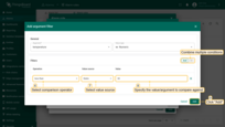 <b>Configure filters</b>.<br>- <b>Operation</b> — the comparison operator.<br>- <b>Value source</b> — select one of the following.<br>- <b>Value</b> — specify the value to compare against<br>- After adding all required filters, click <b>Add</b> to save the condition.