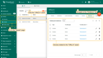 To find devices related to Office A, go to the "Assets" page, click on the needed asset and navigate to the "Relations" tab in the asset details window. The following devices relations to the Office A: Thermometer A1, Thermometer B1, Thermometer B2, and Thermometer C3.