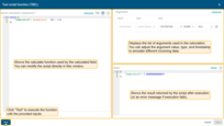 Left panel — Script editor. Shows the TBEL calculate(ctx, ...) function used by the calculated field. You can modify the script directly in this window.<br>Top-right panel — Arguments. Displays the list of arguments used in the calculation. You can adjust the argument value, type, and timestamp to simulate different incoming data.<br>Bottom-right panel — Output. Shows the result returned by the script after execution (or an error message if execution fails).