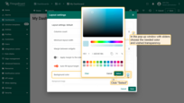 To change the background color, click the color in the small square on the right in the background color section. In the popup window, select the desired color and transparency. Then click "Select". Afterward, apply the layout settings;