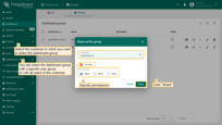 Select the customer to which you want to share the dashboard group. Additionally, you can share the dashboard group with a specific user group or with all users of the customer. Specify permissions and click "Share".