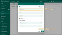 Input device name. For example,"<b>OPC-UA Device</b>". Use the default device profile. Now, click the "<b>Credentials</b>" button;