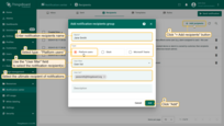 Click the "Add recipients" button in the upper right corner of the "Recipients" tab. A new window will pop up. Here, type in the name of the notification recipient(s). Next, select the "Platform users" type. In the "User Filter" list, select who you want to send notifications to. Than, click "Add".